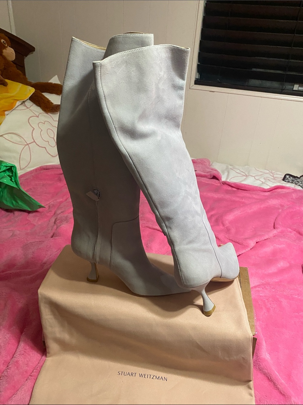 Stuart Weitzman Light Gray Over-the-Knee Kitten Heel Boots